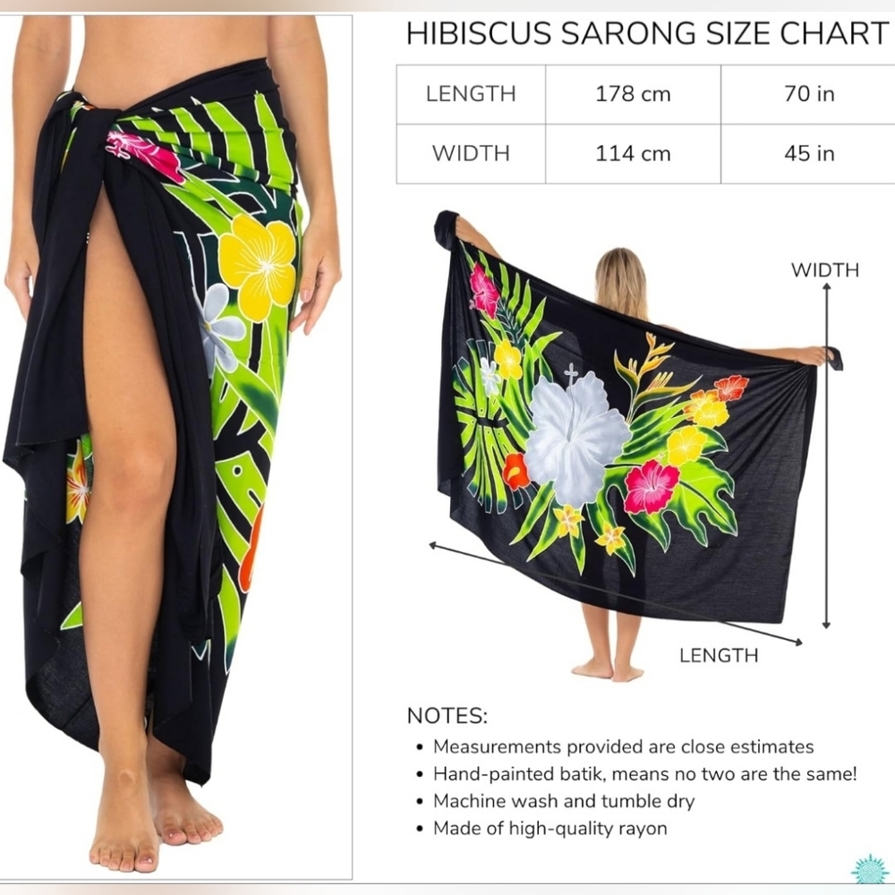 SHU-SHI Hand-Painted Hibiscus Sarong Beach Cover-Up Pareo Wrap BNWT - Picture 4 of 7